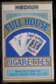 very early pretty cigarette packet showing hand of playing cards, light & dark blue + gold, light writing on back showing date packet received into the Cartophilic collection, does not detract from overall beauty of the pack, vg-nm + slide