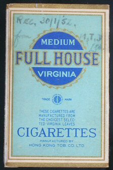 very early pretty cigarette packet showing hand of playing cards, light & dark blue + gold, light writing on back showing date packet received into the Cartophilic collection, does not detract from overall beauty of the pack, vg-nm + slide