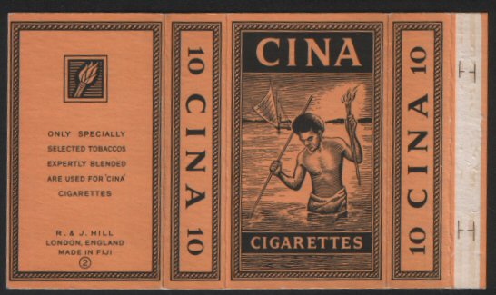 Hill. R.J., Cina pretty cigarette packet  showing  night-fisherman with spear & torch in Fiji. Scarce. N-mint