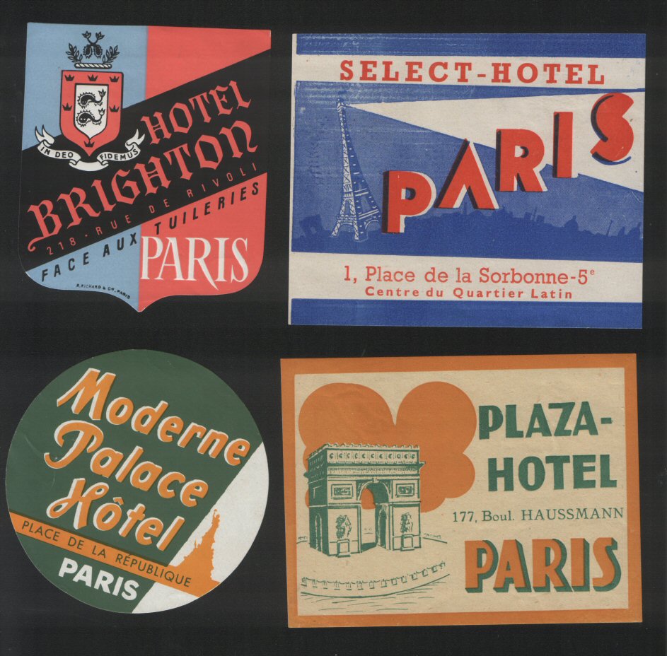 4 Different Hotel luggage Labels Paris